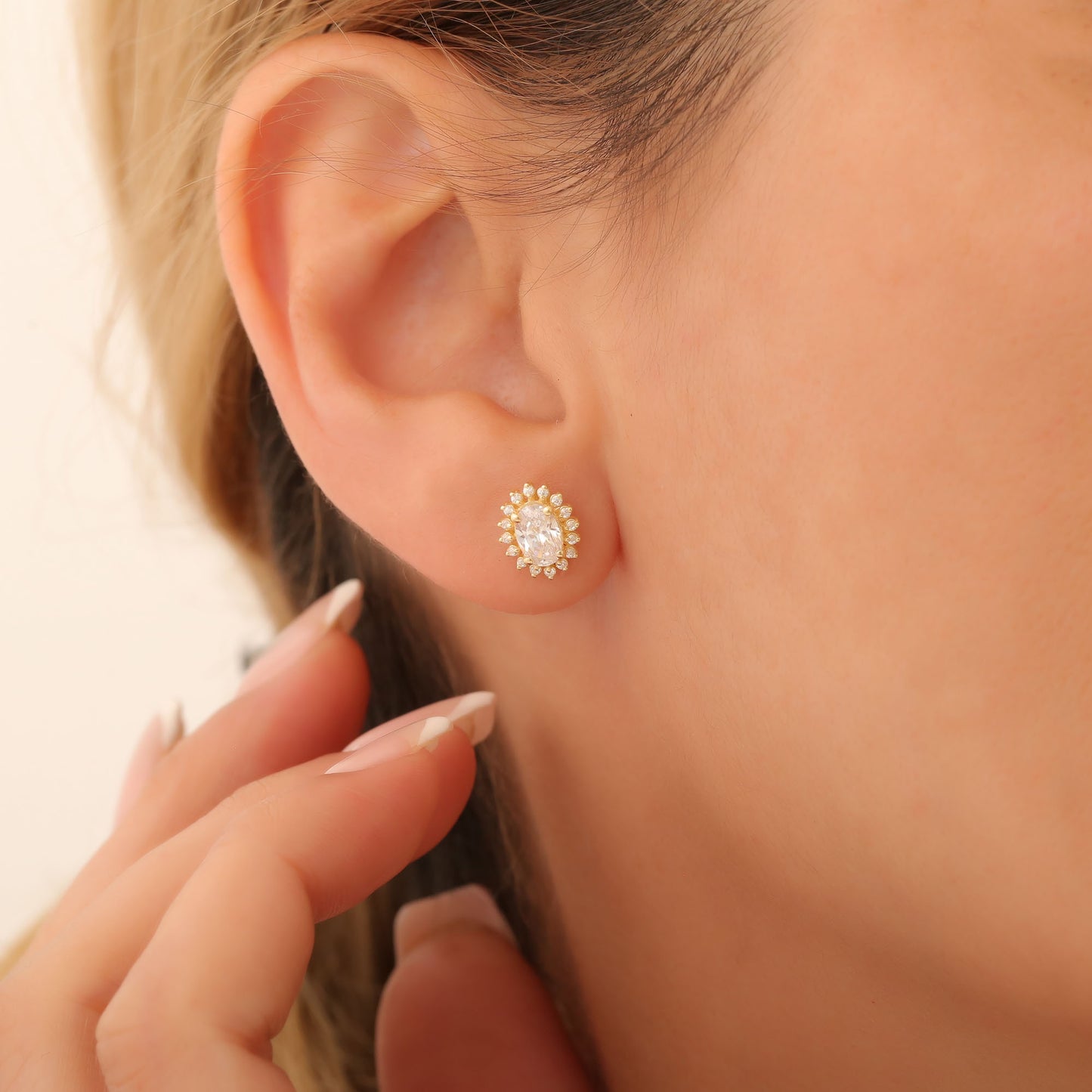 Oval Cut White Topaz Stud Earring Surrounded by Real Diamonds, 10K/14K Solid Gold, April Birthstone