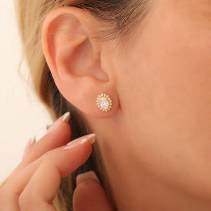 Oval Cut White Topaz Stud Earring Surrounded by Real Diamonds, 10K/14K Solid Gold, April Birthstone