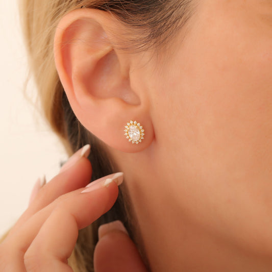 Oval Cut White Topaz Stud Earring Surrounded by Real Diamonds, 10K/14K Solid Gold, April Birthstone