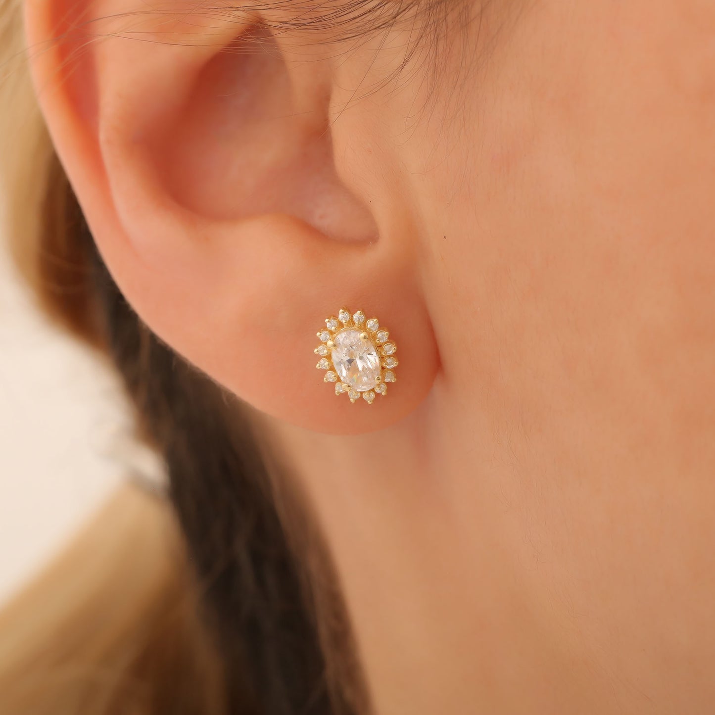 Oval Cut White Topaz Stud Earring Surrounded by Real Diamonds, 10K/14K Solid Gold, April Birthstone