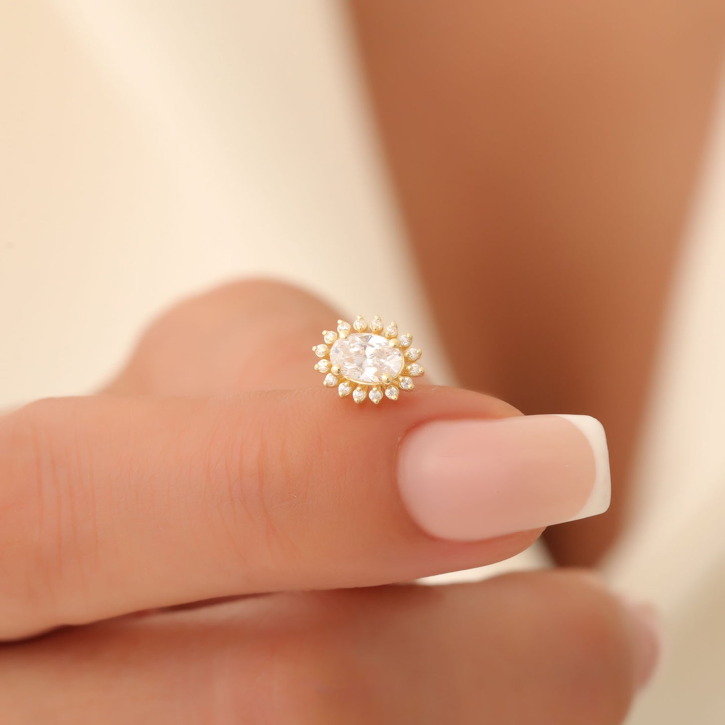 Oval Cut White Topaz Stud Earring Surrounded by Real Diamonds, 10K/14K Solid Gold, April Birthstone