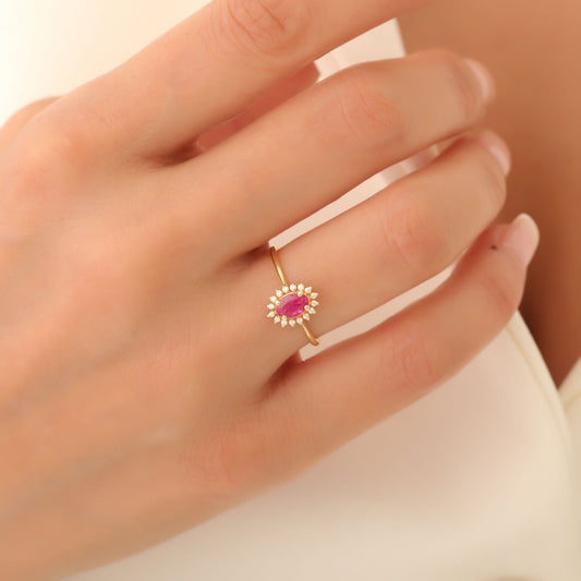 Ruby Oval Ring 8K/10K/14K Solid Gold Surrounded by Real Diamonds, July Birthstone Gift
