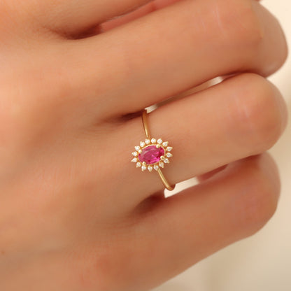 Ruby Oval Ring 8K/10K/14K Solid Gold Surrounded by Real Diamonds, July Birthstone Gift