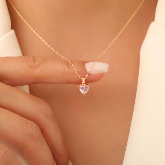 Pink Tourmaline Heart Necklace in 14K Solid Gold | October Birthstone Pendant Queen Jewelry Necklace