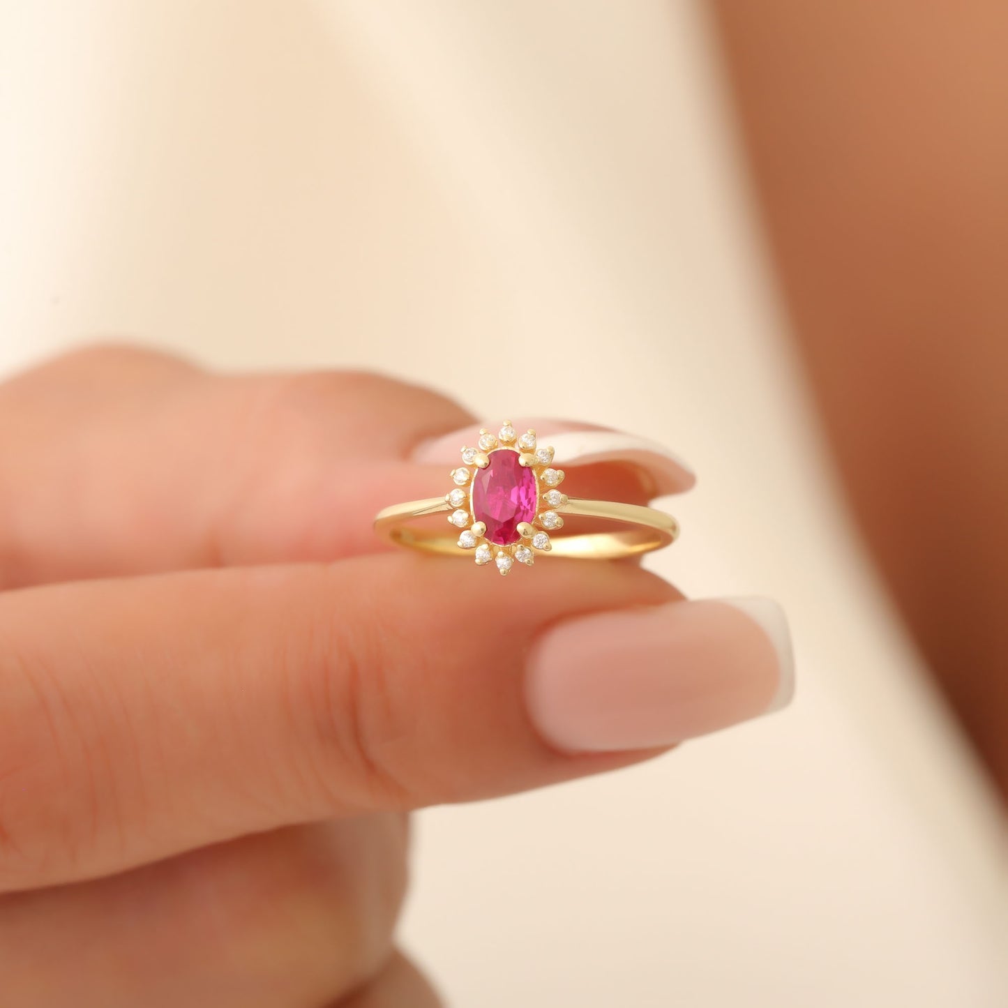 Ruby Oval Ring 8K/10K/14K Solid Gold Surrounded by Real Diamonds, July Birthstone Gift