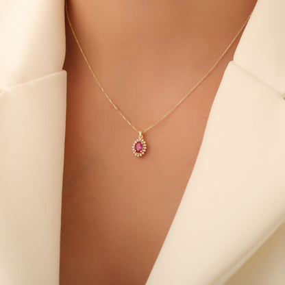 Oval Cut Ruby Necklace with Real Diamonds, 10K/14K Solid Gold, July Birthstone Pendant