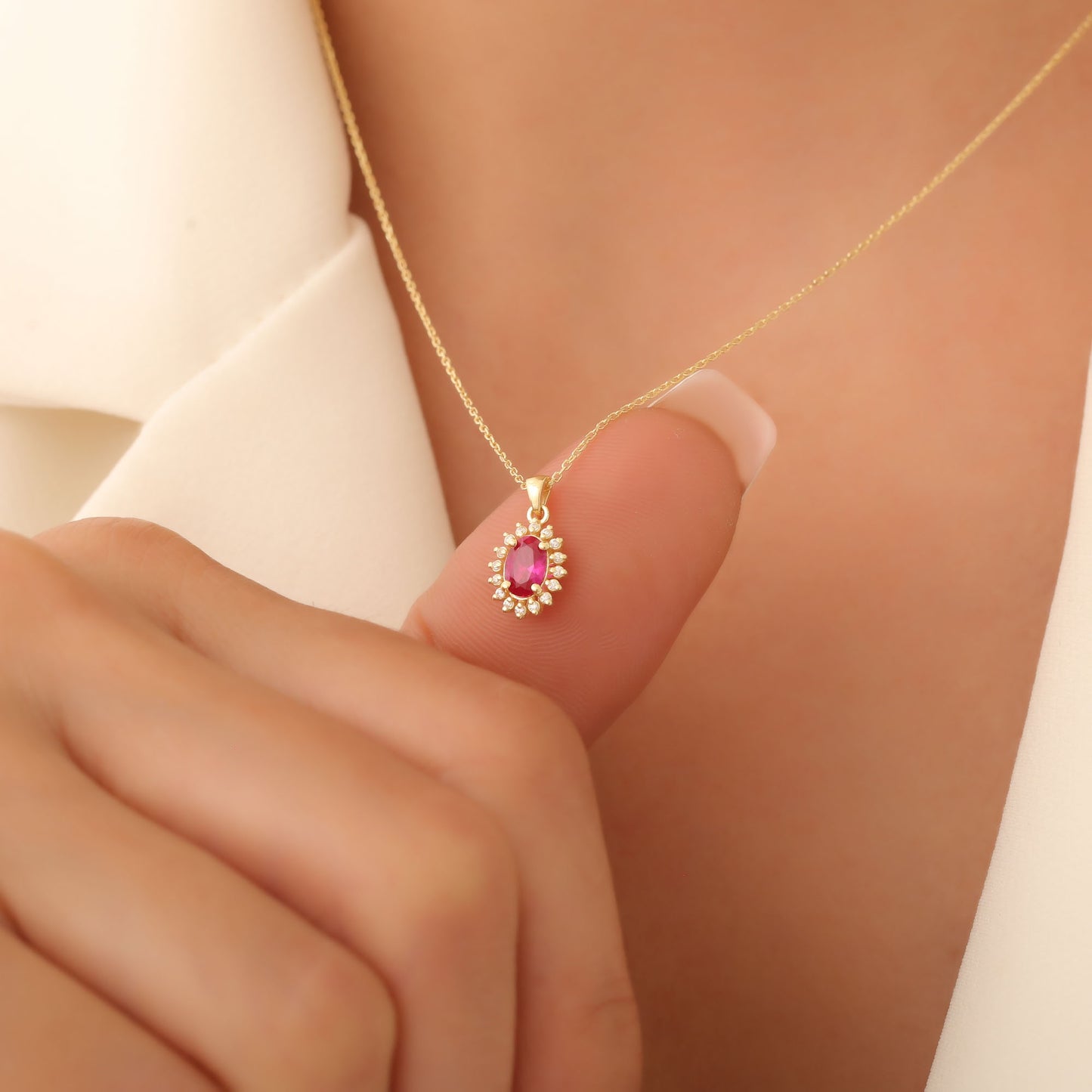 Oval Cut Ruby Necklace with Real Diamonds, 10K/14K Solid Gold, July Birthstone Pendant