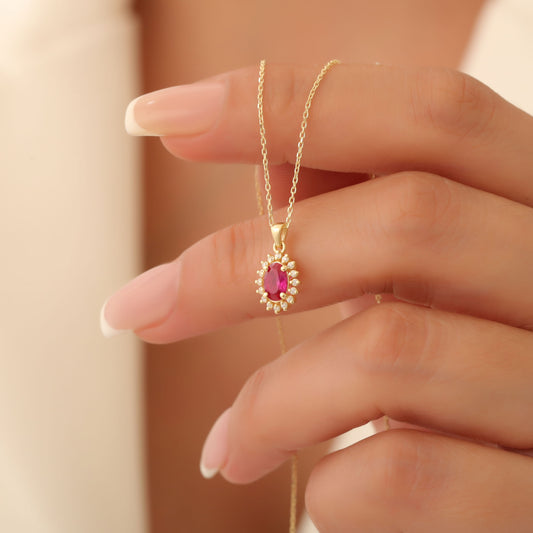 Oval Cut Ruby Necklace with Real Diamonds, 10K/14K Solid Gold, July Birthstone Pendant