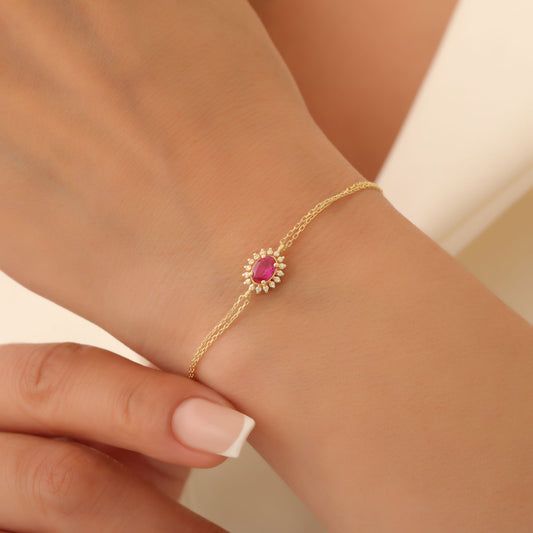 Ruby Oval Bracelet 8K/10K/14K Solid Gold Surrounded by Real Diamonds, July Birthstone Gift