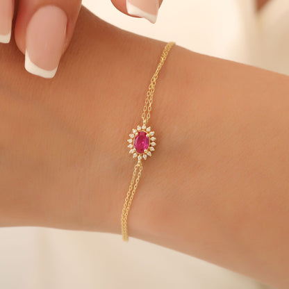 Ruby Oval Bracelet 8K/10K/14K Solid Gold Surrounded by Real Diamonds, July Birthstone Gift