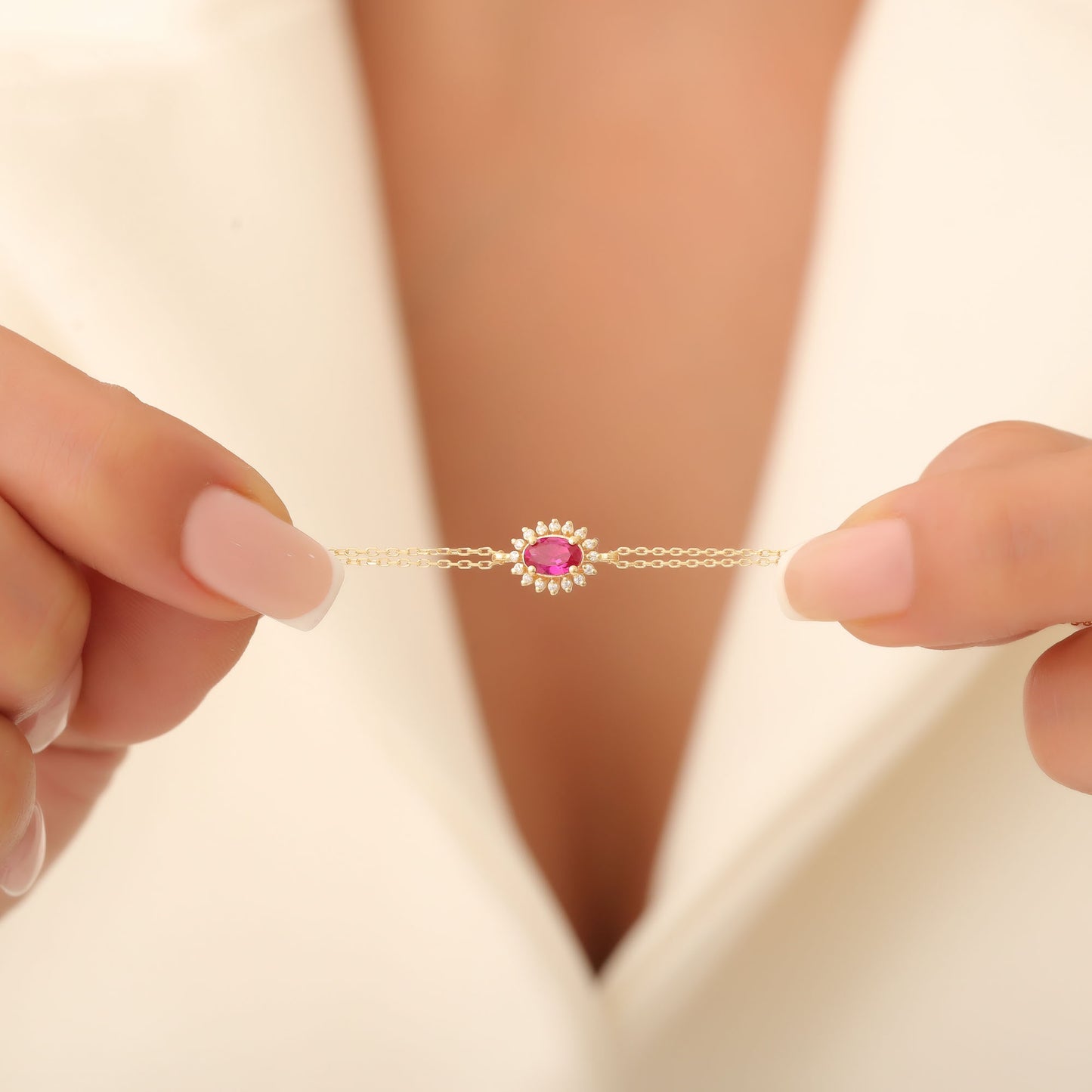 Ruby Oval Bracelet 8K/10K/14K Solid Gold Surrounded by Real Diamonds, July Birthstone Gift