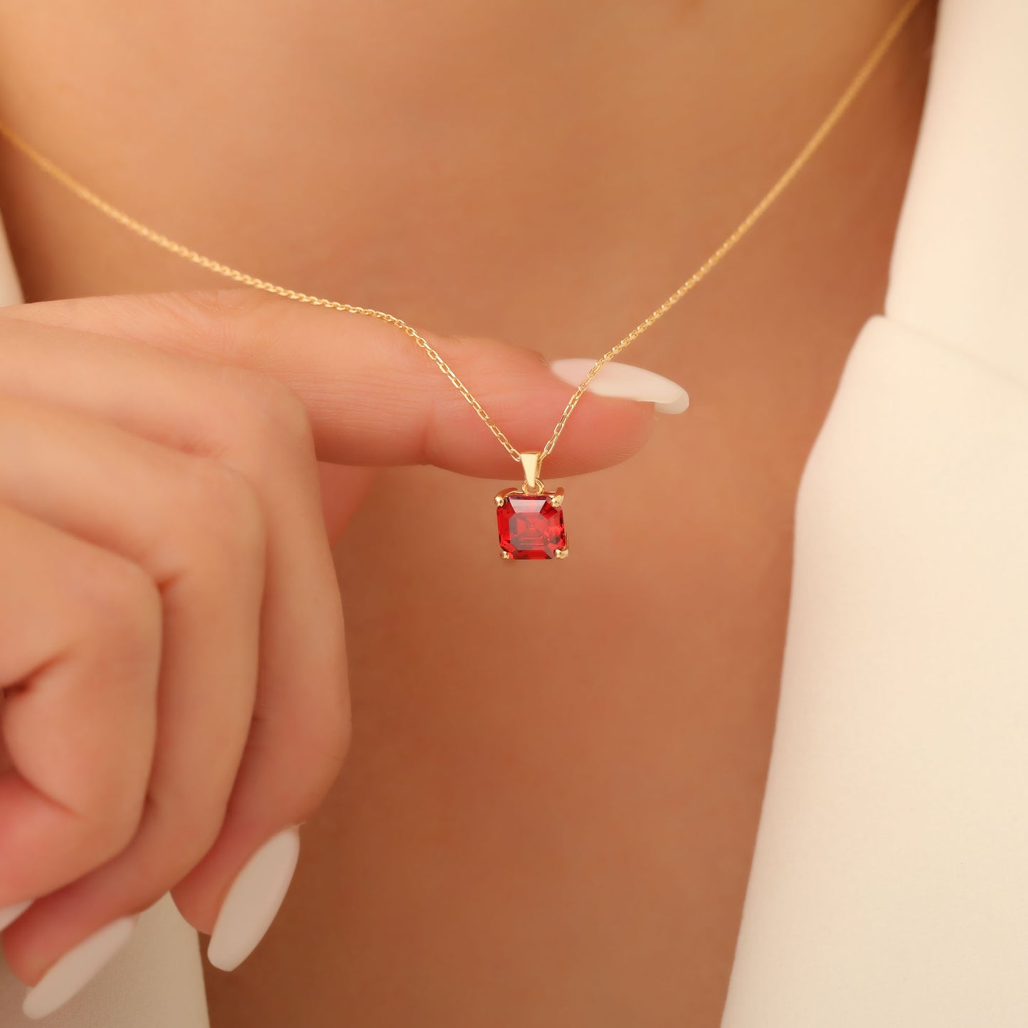 Garnet Square Necklace in 14K Solid Gold | January Birthstone Pendant Queen Jewelry Necklace