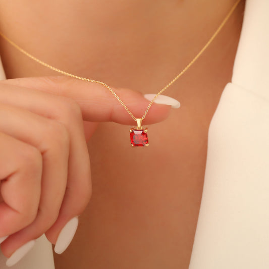 Garnet Square Necklace in 14K Solid Gold | January Birthstone Pendant Queen Jewelry Necklace