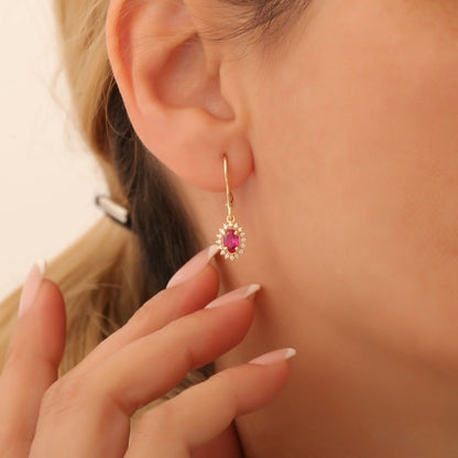 Oval Cut Ruby Dangling Earring Surrounded by Real Diamonds, 8K/10K/14K Solid Gold, July Birthstone