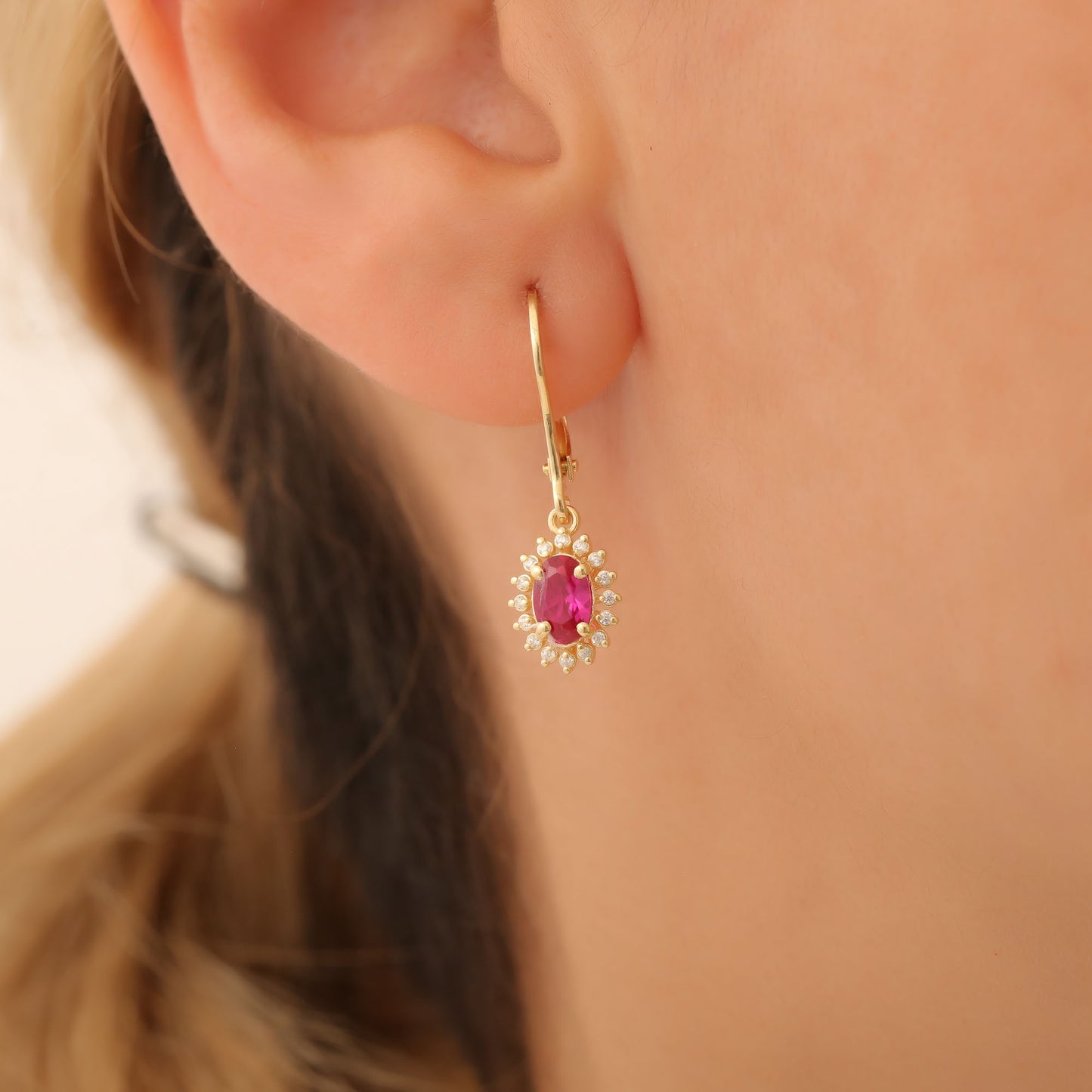 Oval Cut Ruby Dangling Earring Surrounded by Real Diamonds, 8K/10K/14K Solid Gold, July Birthstone