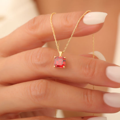 Garnet Square Necklace in 14K Solid Gold | January Birthstone Pendant Queen Jewelry Necklace
