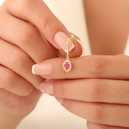 Oval Cut Ruby Dangling Earring Surrounded by Real Diamonds, 8K/10K/14K Solid Gold, July Birthstone