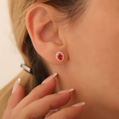 Oval Cut Ruby Stud Earring Surrounded by Real Diamonds, 10K/14K Solid Gold, July Birthstone