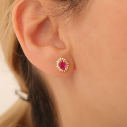 Oval Cut Ruby Stud Earring Surrounded by Real Diamonds, 10K/14K Solid Gold, July Birthstone