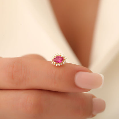 Oval Cut Ruby Stud Earring Surrounded by Real Diamonds, 10K/14K Solid Gold, July Birthstone