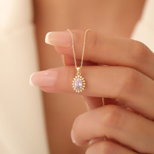 Oval Cut Alexandrite Necklace with Real Diamonds, 10K/14K Solid Gold, June Birthstone Pendant