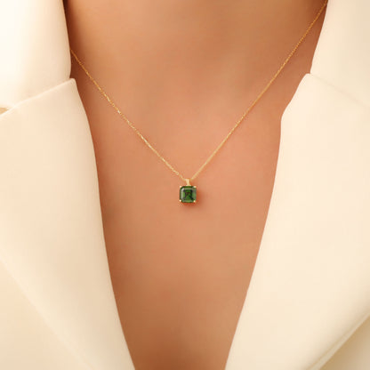 Emerald Square Necklace in 14K Solid Gold | May Birthstone Pendant Queen Jewelry Necklace