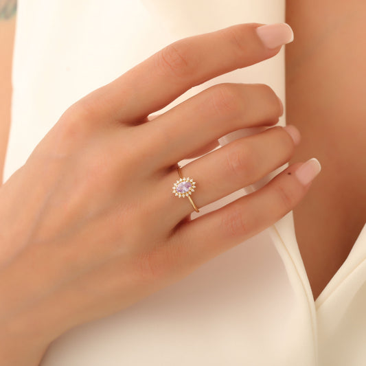 Alexandrite Oval Ring 8K/10K/14K Solid Gold Surrounded by Real Diamonds, June Birthstone Gift