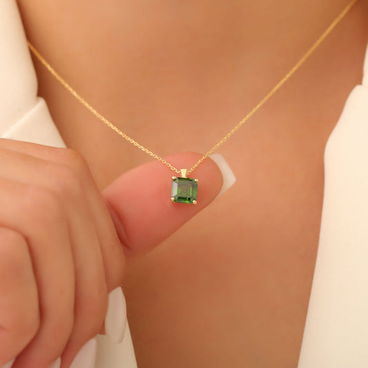 Emerald Square Necklace in 14K Solid Gold | May Birthstone Pendant Queen Jewelry Necklace
