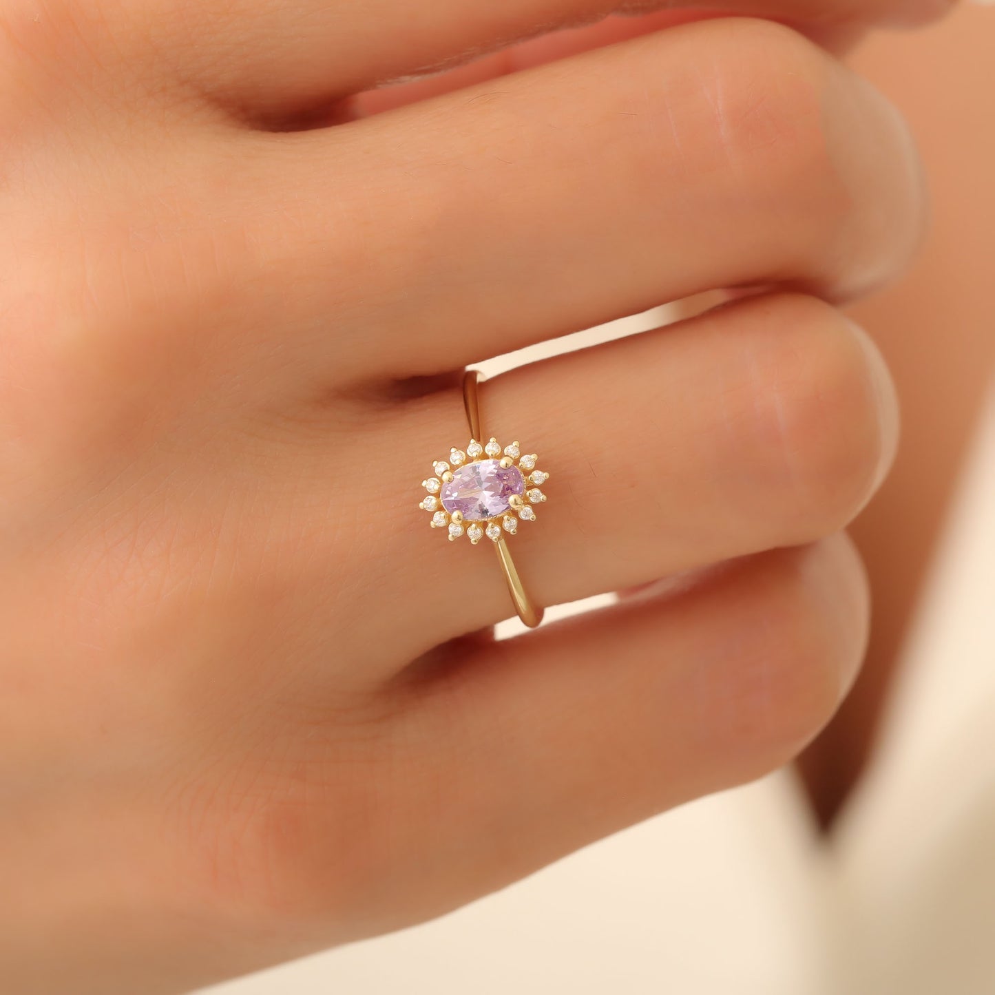 Alexandrite Oval Ring 8K/10K/14K Solid Gold Surrounded by Real Diamonds, June Birthstone Gift