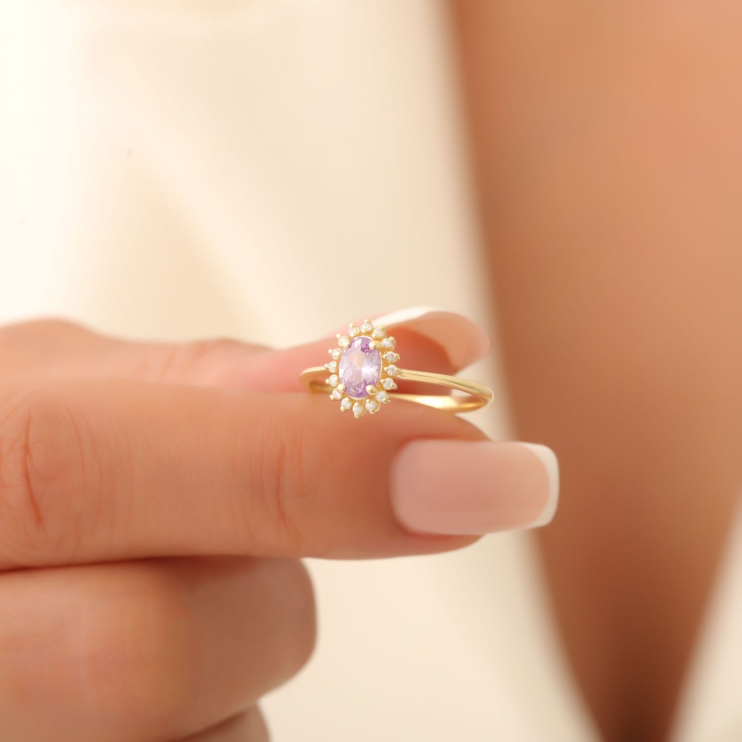 Alexandrite Oval Ring 8K/10K/14K Solid Gold Surrounded by Real Diamonds, June Birthstone Gift