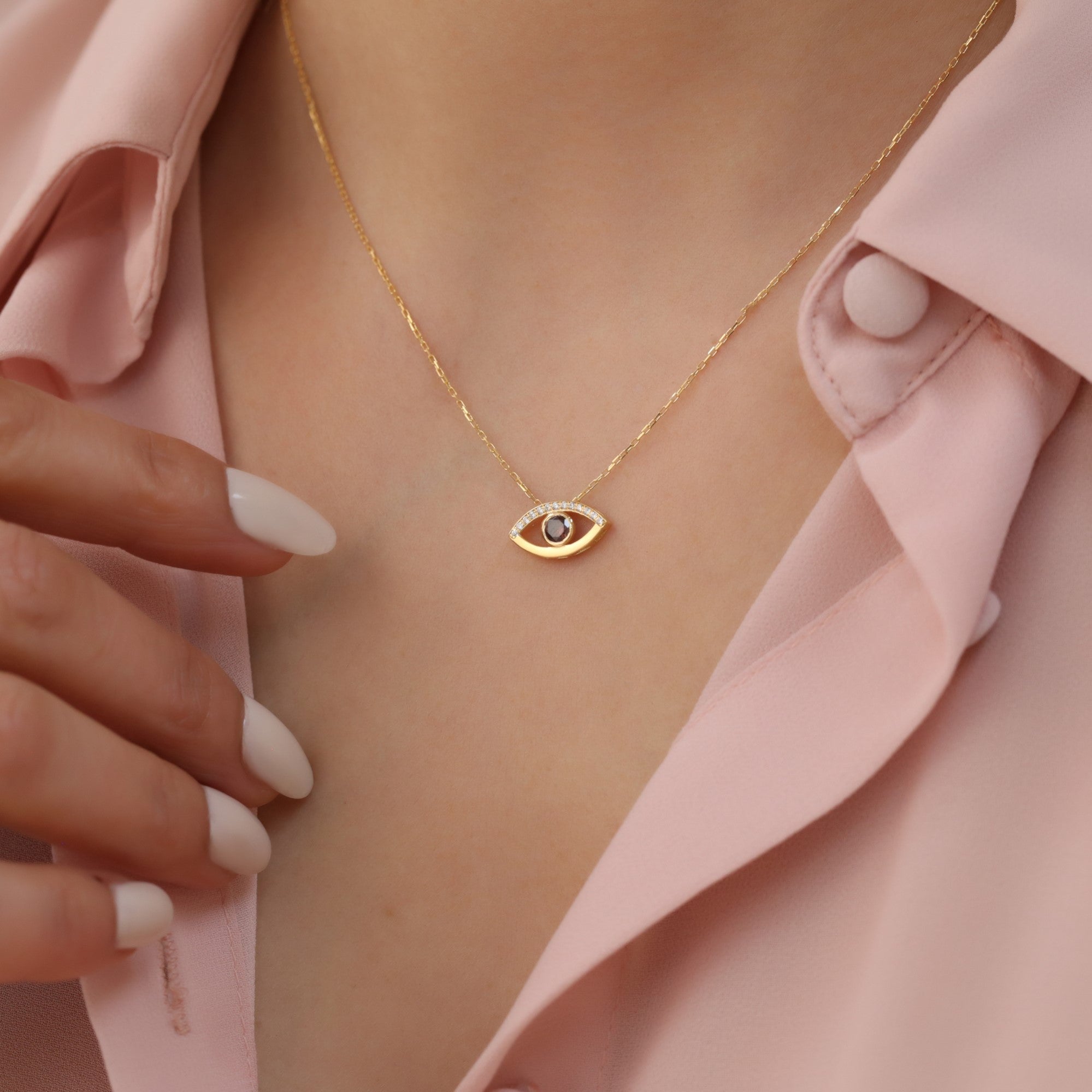 Brown Evil Eye Necklace in 14K Solid Gold with Real Diamonds, Elegant Jewelry Queen Jewelry Necklace