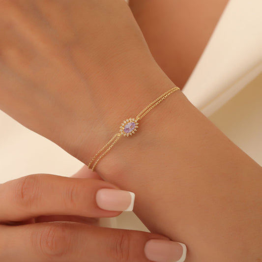 Alexandrite Oval Bracelet 8K/10K/14K Solid Gold Surrounded by Real Diamonds, June Birthstone Gift