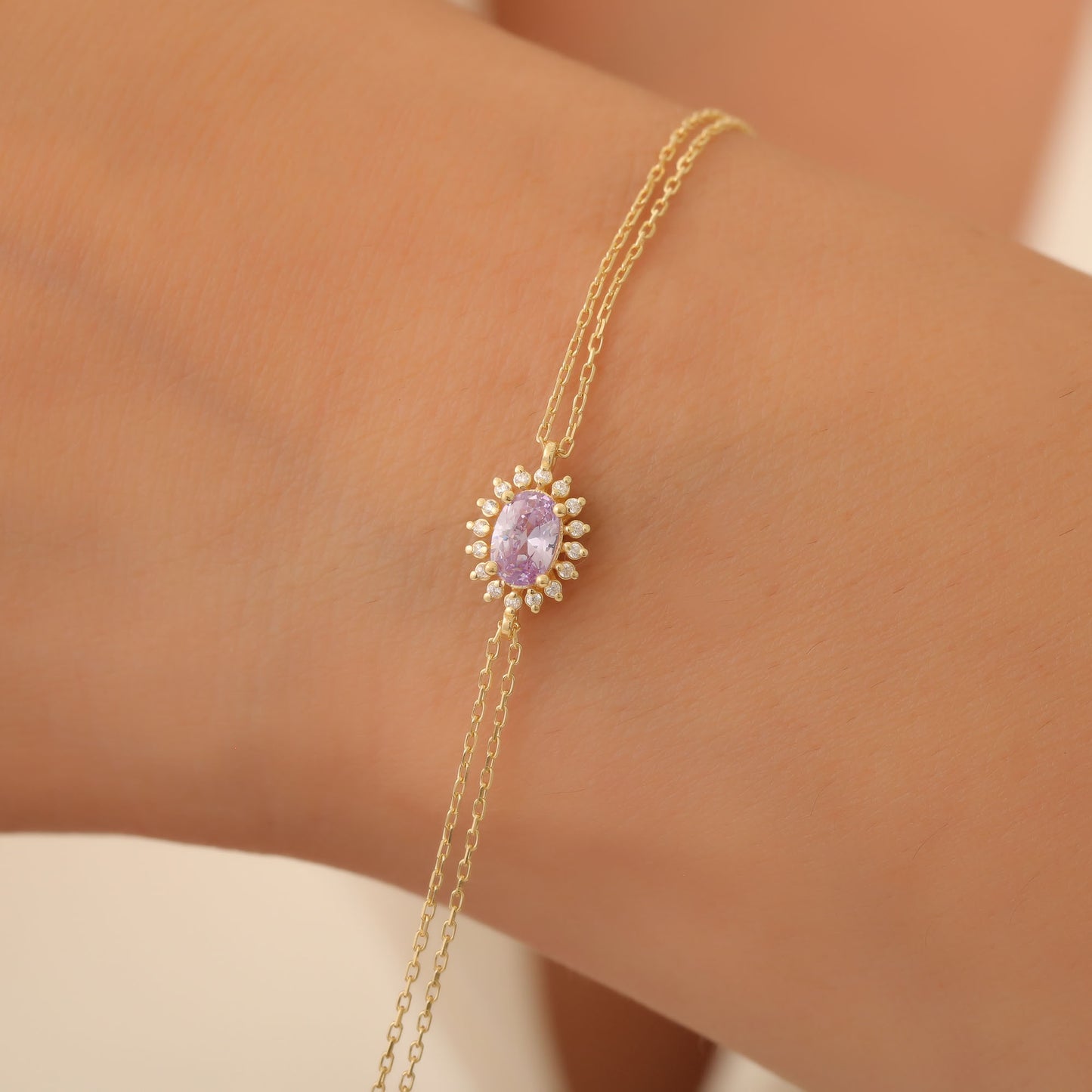 Alexandrite Oval Bracelet 8K/10K/14K Solid Gold Surrounded by Real Diamonds, June Birthstone Gift