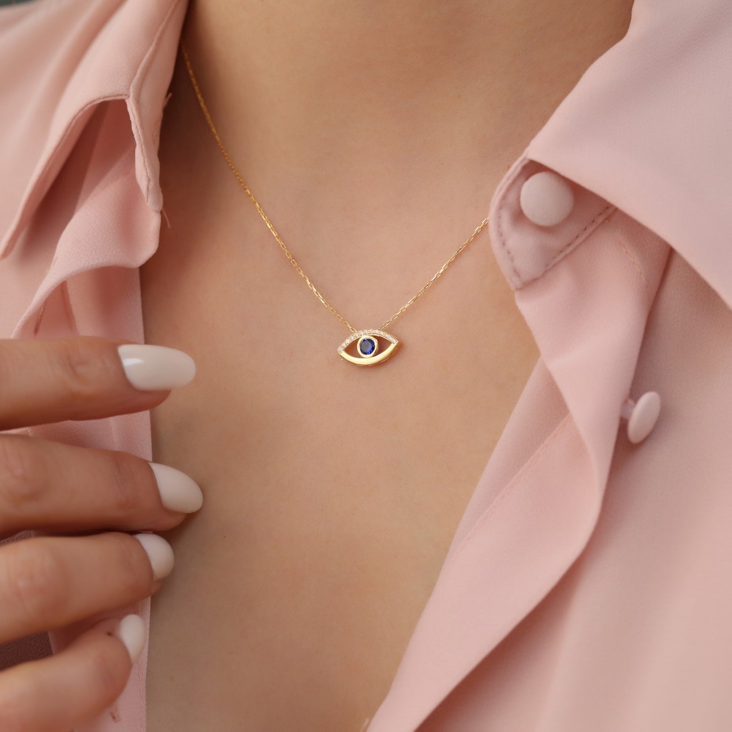 Dark Blue Sapphire Evil Eye Necklace in 14K Solid Gold with Real Diamonds | September Birthstone Queen Jewelry Necklace