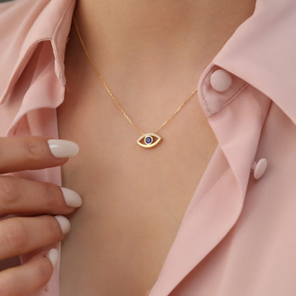 Dark Blue Sapphire Evil Eye Necklace in 14K Solid Gold with Real Diamonds | September Birthstone Queen Jewelry Necklace