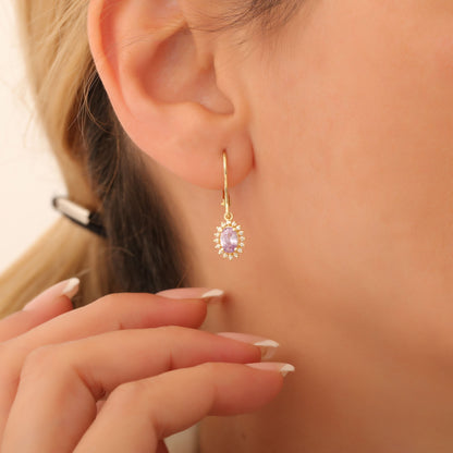 Oval Cut Alexandrite Dangling Earring Surrounded by Real Diamonds, 8K/10K/14K Solid Gold, June Birthstone