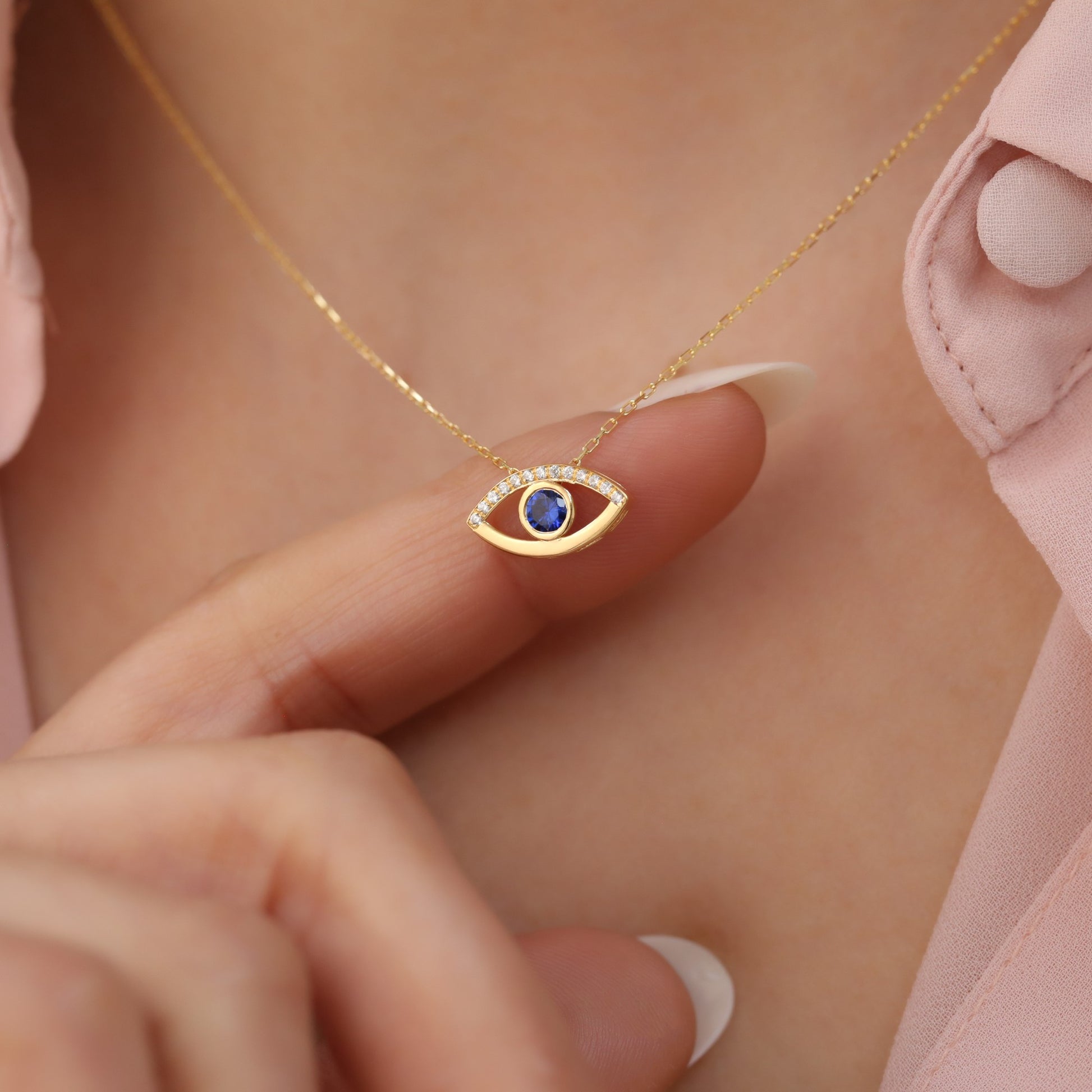 Dark Blue Sapphire Evil Eye Necklace in 14K Solid Gold with Real Diamonds | September Birthstone Queen Jewelry Necklace