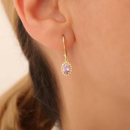 Oval Cut Alexandrite Dangling Earring Surrounded by Real Diamonds, 8K/10K/14K Solid Gold, June Birthstone