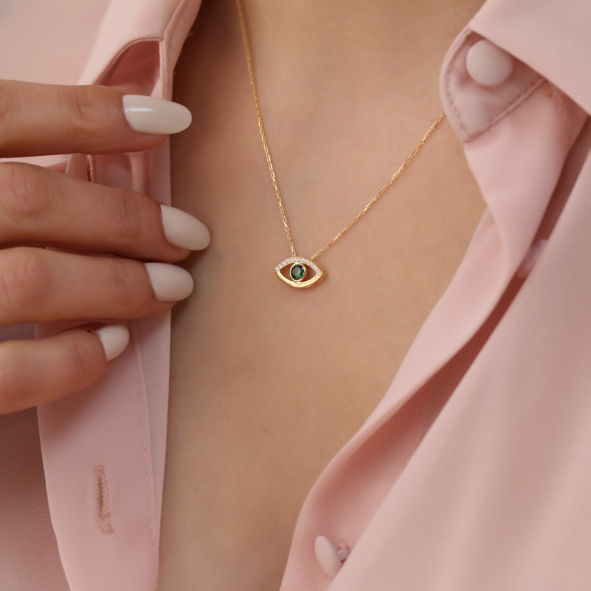 Green Eye Necklace in 14K Solid Gold with Real Diamonds, Emerald Birthstone Jewelry Queen Jewelry Necklace