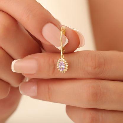 Oval Cut Alexandrite Dangling Earring Surrounded by Real Diamonds, 8K/10K/14K Solid Gold, June Birthstone