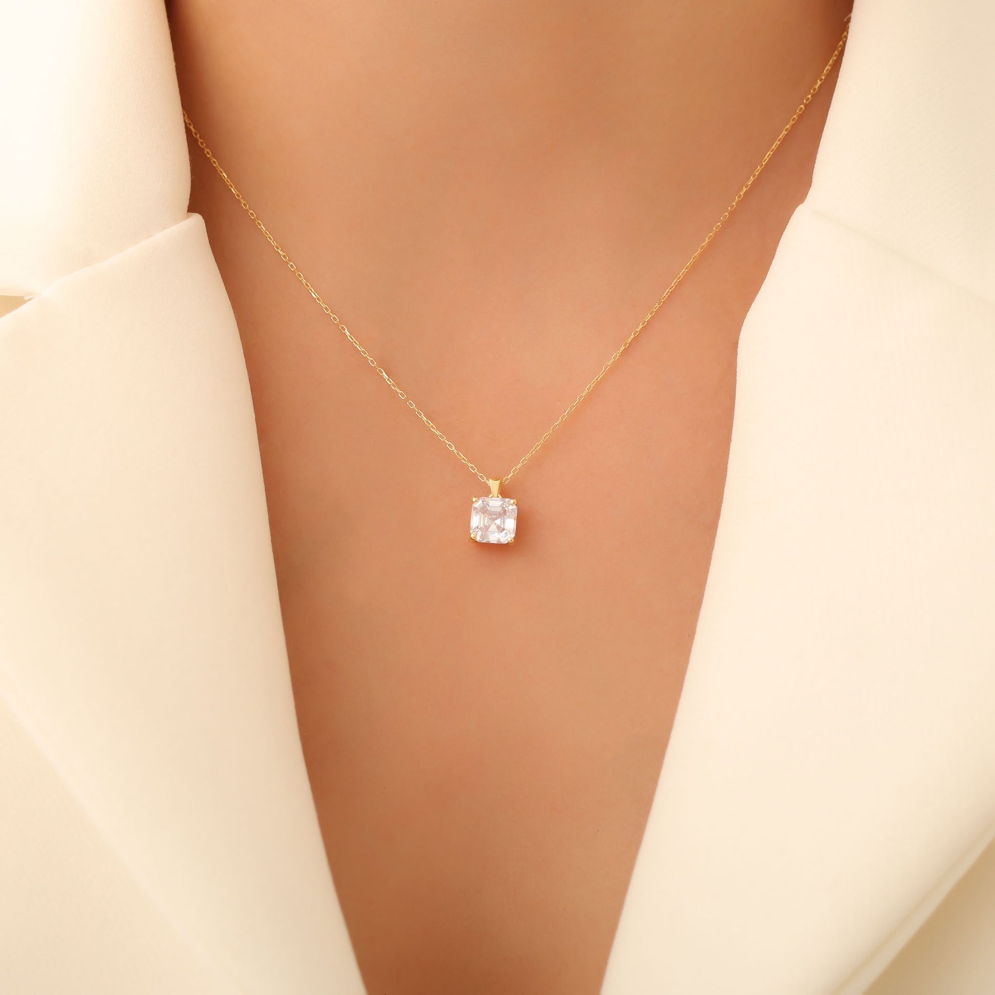 White Topaz Square Necklace in 14K Solid Gold | April Birthstone Pendant Queen Jewelry Necklace