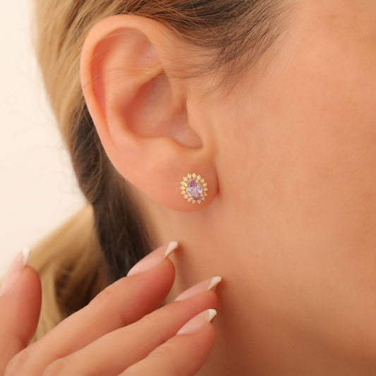 Oval Cut Alexandrite Stud Earring Surrounded by Real Diamonds, 10K/14K Solid Gold, June Birthstone