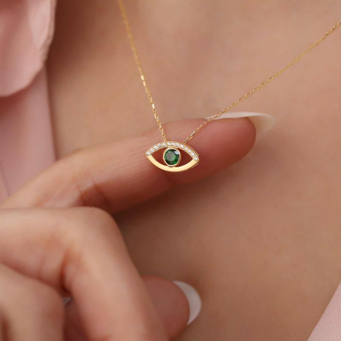 Green Eye Necklace in 14K Solid Gold with Real Diamonds, Emerald Birthstone Jewelry Queen Jewelry Necklace
