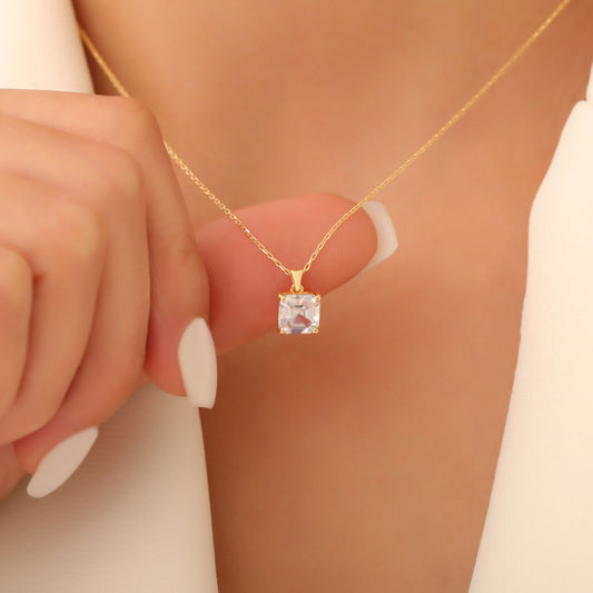 White Topaz Square Necklace in 14K Solid Gold | April Birthstone Pendant Queen Jewelry Necklace