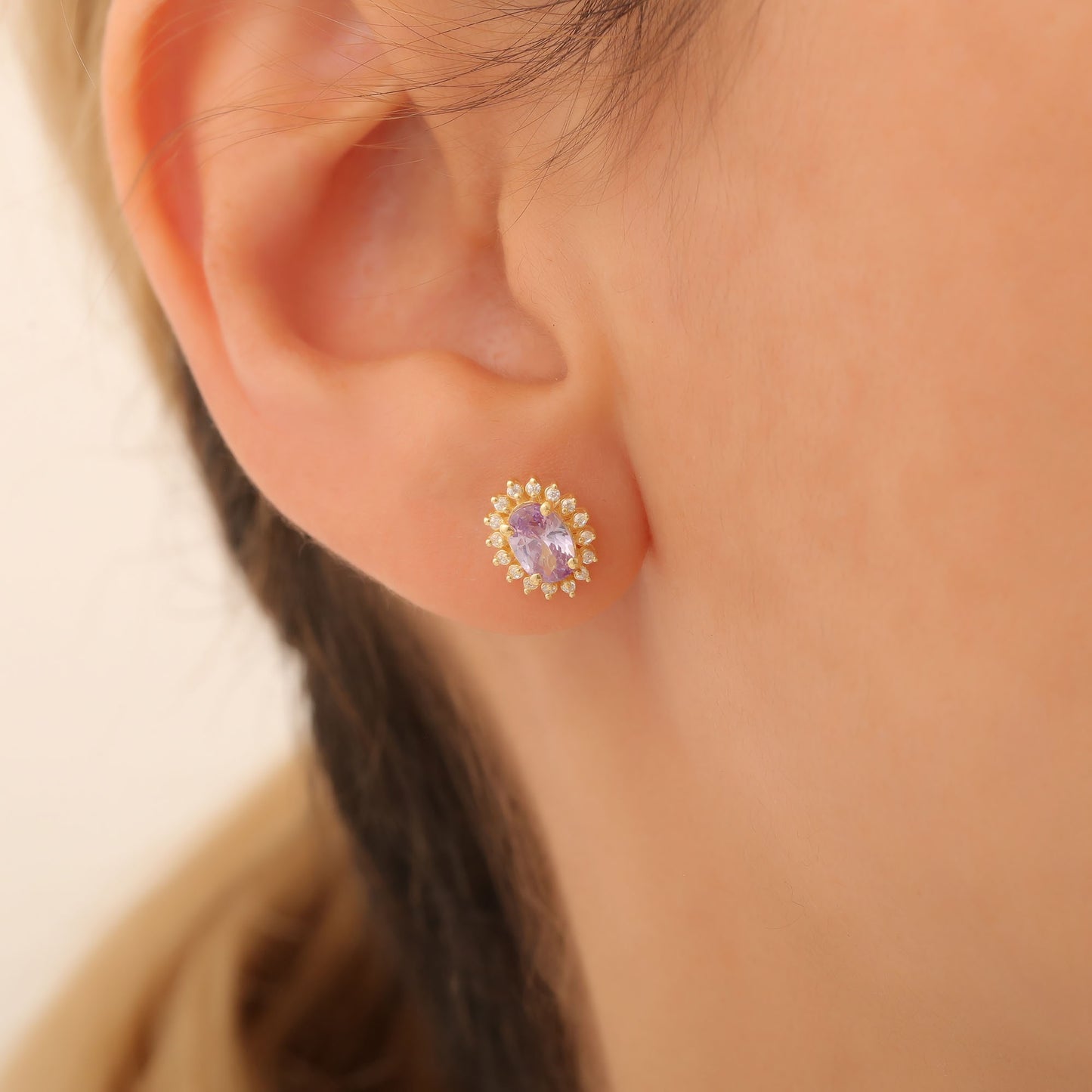 Oval Cut Alexandrite Stud Earring Surrounded by Real Diamonds, 10K/14K Solid Gold, June Birthstone