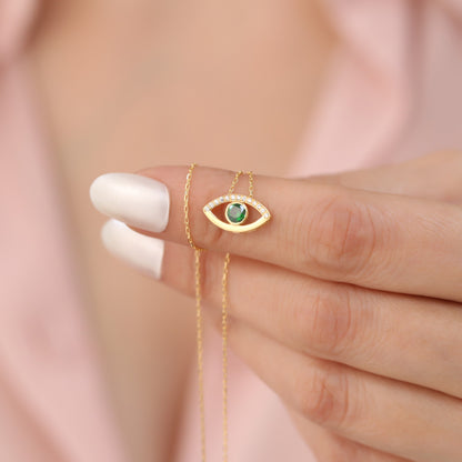 Green Eye Necklace in 14K Solid Gold with Real Diamonds, Emerald Birthstone Jewelry Queen Jewelry Necklace