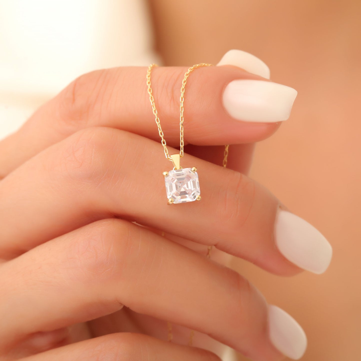 White Topaz Square Necklace in 14K Solid Gold | April Birthstone Pendant Queen Jewelry Necklace