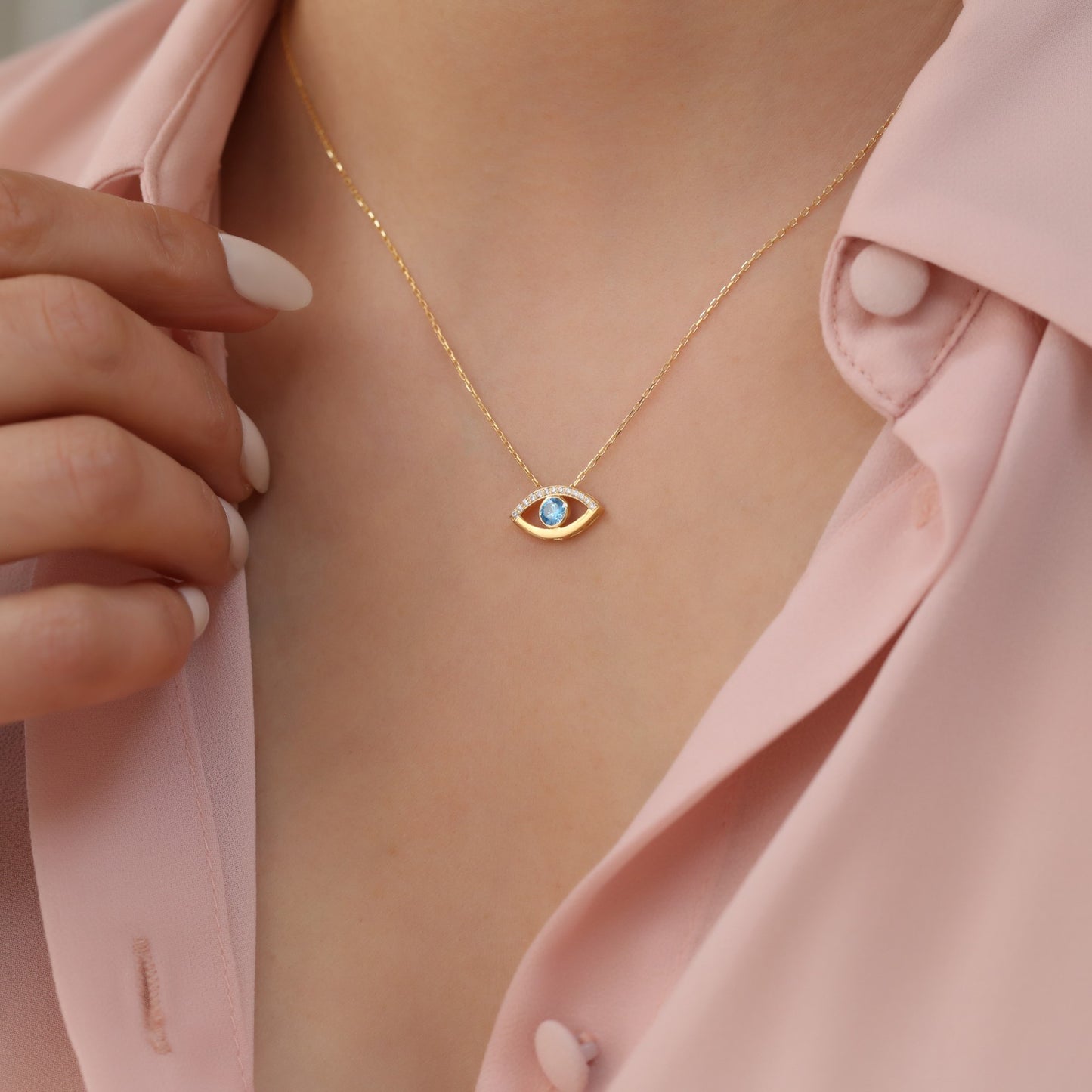 Blue Evil Eye Necklace in 14K Solid Gold with Real Diamonds, Symbol of Protection Queen Jewelry Necklace