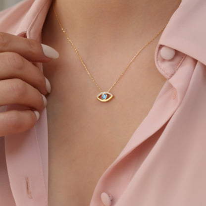 Blue Evil Eye Necklace in 14K Solid Gold with Real Diamonds, Symbol of Protection Queen Jewelry Necklace