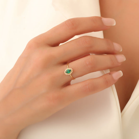 Emerald Oval Ring 8K/10K/14K Solid Gold Surrounded by Real Diamonds, May Birthstone Gift